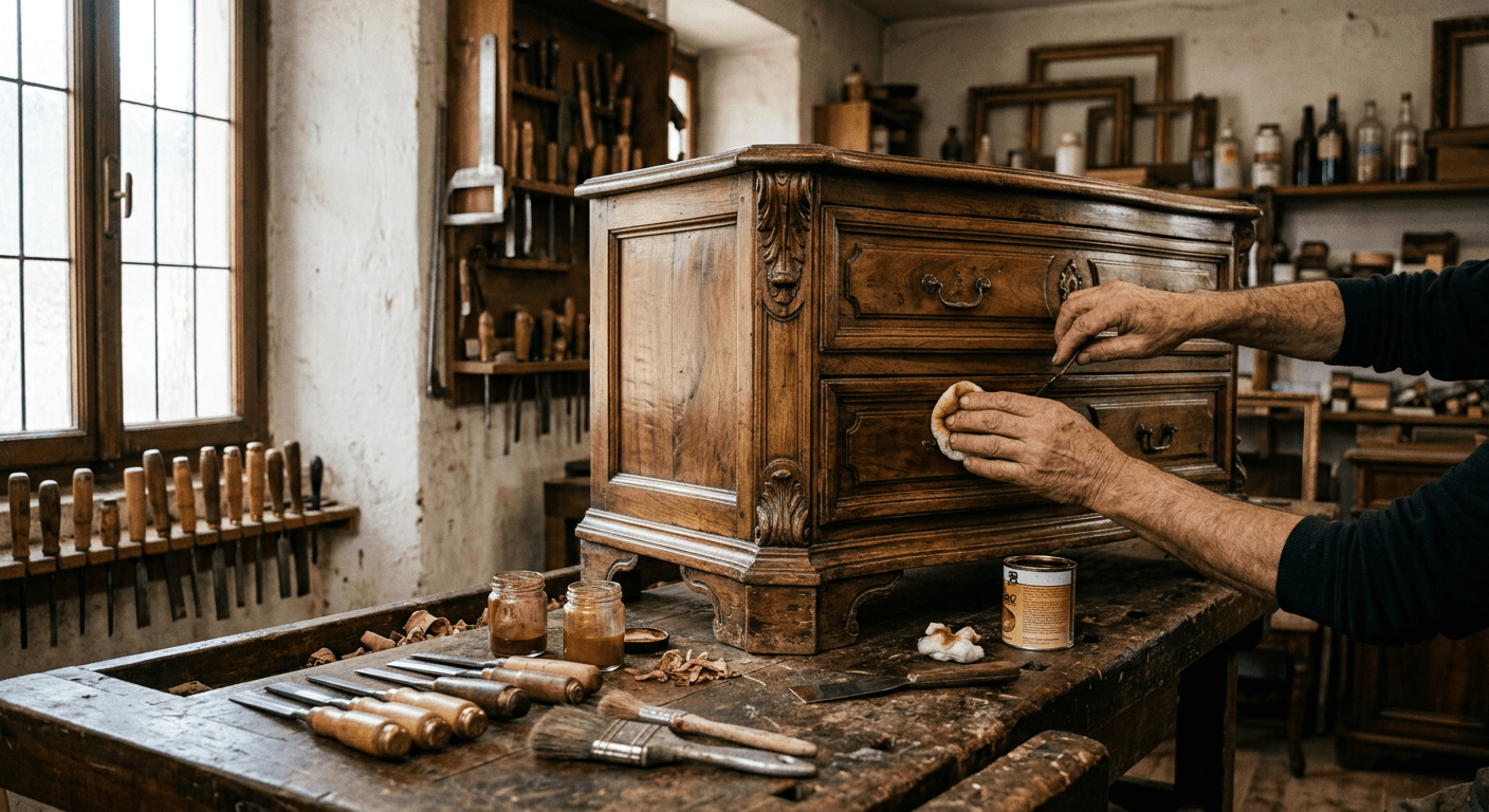 Restauratore al lavoro su un cassettone in noce, sul banco del laboratorio