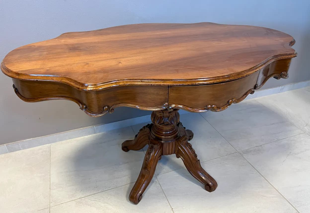 Tavolino a biscotto in noce - Due cassetti - Epoca metà 800, Metà Ottocento